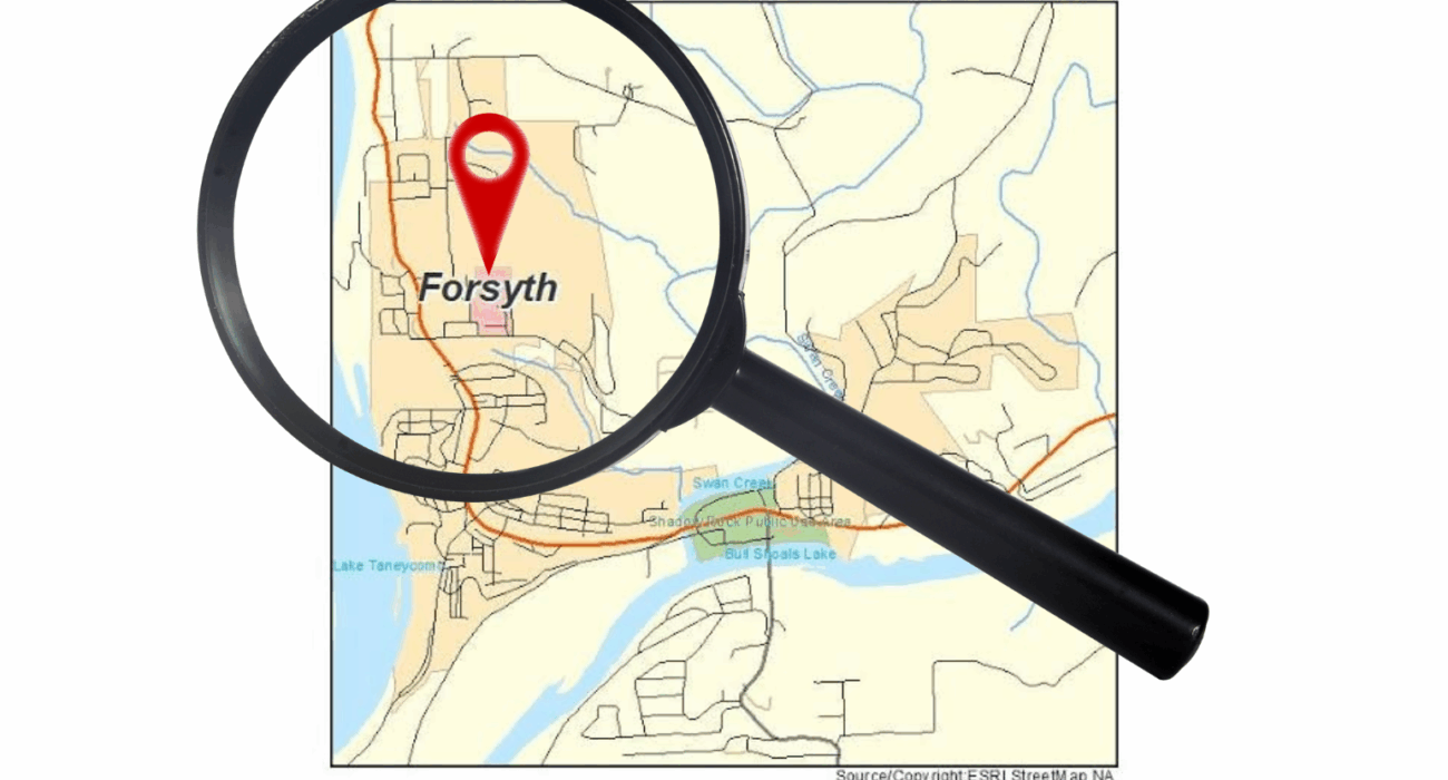 Map of Forsyth, MO with magnifying glass over Forsyth