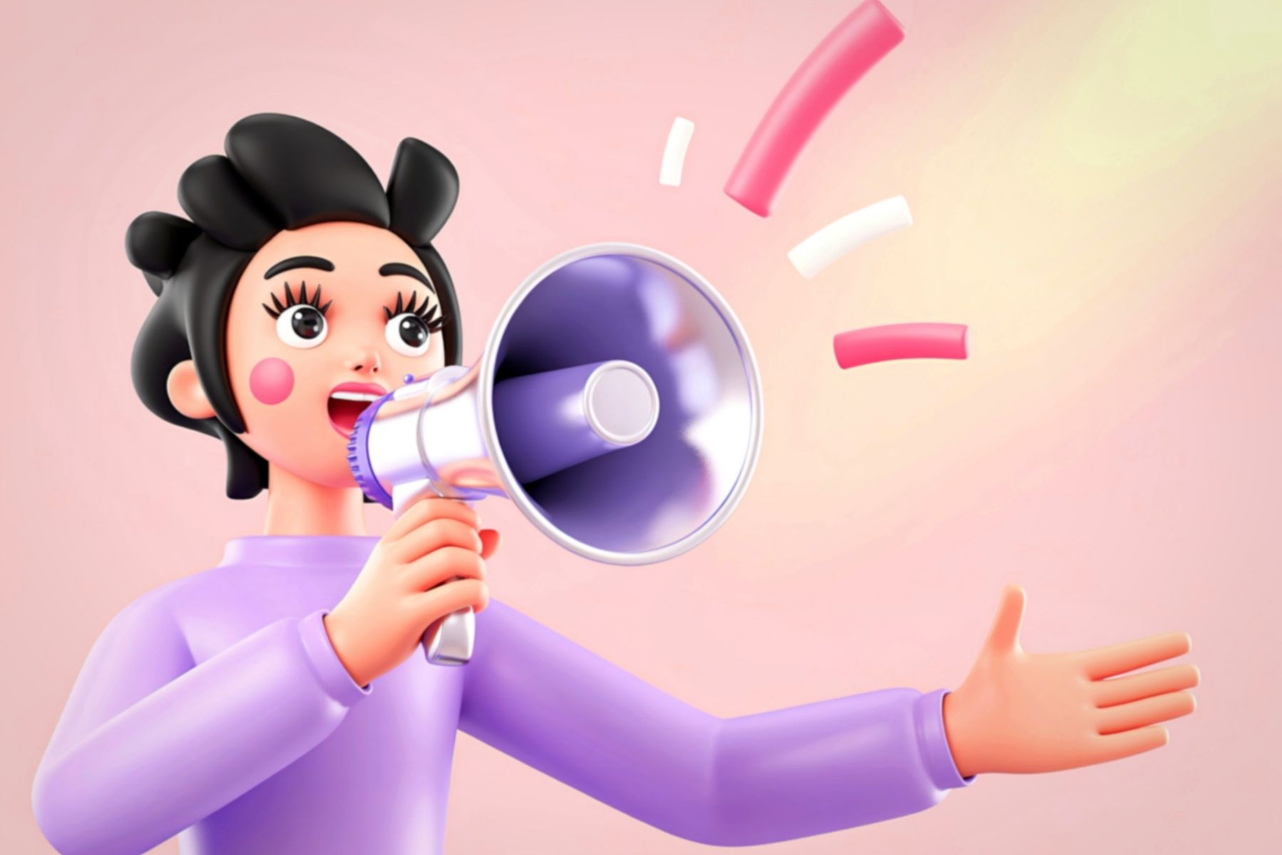 Cartoon woman with a megaphone making an announcement.